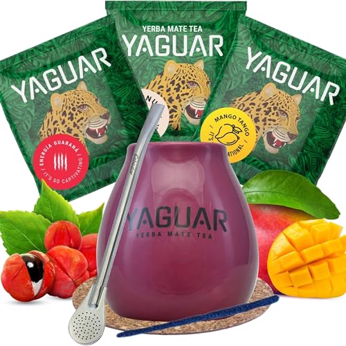 Mate-Tee-Probenset mit Zubehör | Mate Tee Yaguar | Kalebasse, Mate Tee Bombilla | 3x50g | Mate Tee aus Brasilien | Natürliches Koffein Mate-Tee-Probenset mit Zubehör | Mate Tee Yaguar | Kalebasse, Mate Tee Bombilla | 3x50g | Mate Tee aus Brasilien | Natürliches Koffein von YAGUAR
