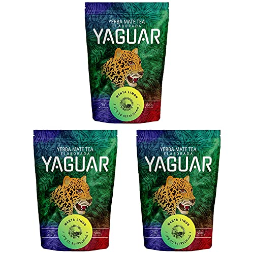 Mate Tee Yaguar Menta Limón 1000g Mate Tee mit Zitrone & Minze Brasilianischer Mate Tee 1500g (3x500g) von YAGUAR