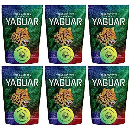 Mate Tee Yaguar Menta Limón 1000g Mate Tee mit Zitrone & Minze Brasilianischer Mate Tee 3000g (6x500g) von YAGUAR