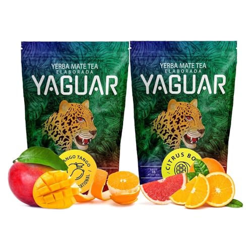 Set Yaguar Yerba Mate Tee (2x500g) 1kg - Mango, Zitrone, Limette, Brasilianischer gereifter Mate Tee, Milder Geschmack, Natürliches Koffein von YAGUAR