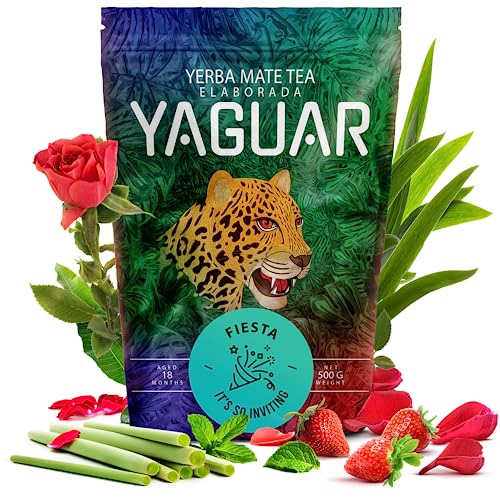 Yaguar Fiesta 500 g | Milder Mate Tee mit Erdbeere, Minze und Zitronengras| Für Anfänger und Fortgeschrittene | Großer Gehalt an Koffein | Brasilianischer Tee Mate Tee| Erfrischender Mate Tee 0,5 kg von YAGUAR