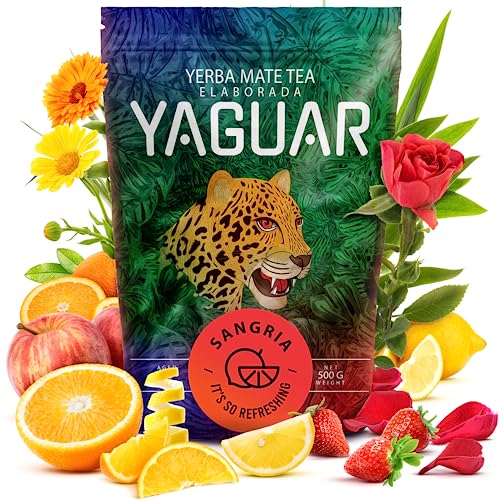 Yaguar Sangria 0,5kg | Yerba mate mit Früchten | Natürliche Stimulation | Inspiriert durch den Geschmack spanischer Getränke | Erdbeere, Apfel, Zitrusfrüchte, Blütenblätter | 500g von YAGUAR