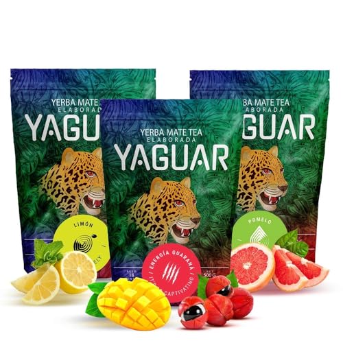 Yaguar Yerba Mate Set – 3x 500g – Energía Guaraná, Pomelo & Limón – mit natürlichem Koffein, Zitrusaromen & tropischem Mango, Südamerikanische Mischung für Energie & Erfrischung Yaguar Yerba Mate Set – 3x 500g – Energía Guaraná, Pomelo & Limón – mit natürlichem Koffein, Zitrusaromen & tropischem Mango, Südamerikanische Mischung für Energie & Erfrischung von YAGUAR
