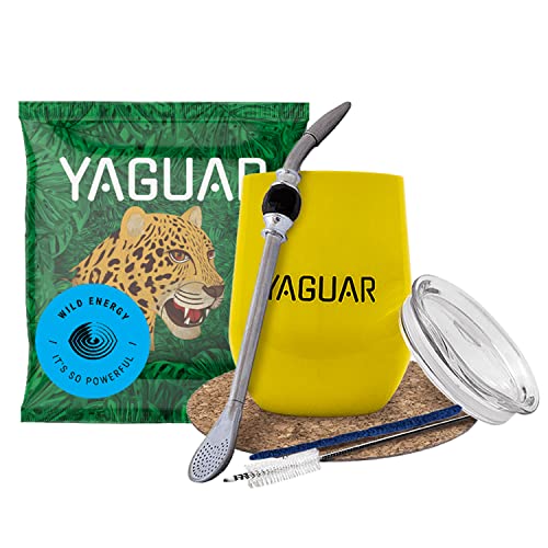 Yerba Mate Set mit gelbem TermoLid Gourd Yaguar + Bombilla + Zubehör + Yaguar Wild Energy Probe 50g | 100% Yerba Mate von YAGUAR