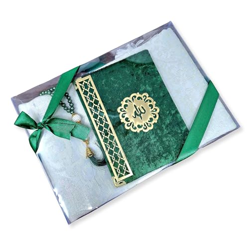 Islamisches Geschenkset (Koranheft 9 Surahs + Gebetsmatte + Luxusgebetsperlen Tasbeeh) Namaz orientalischer muslimischer Teppich Janamaz Sajadah Ideal Hajj Umrah Ramadan Hochzeit Niqah Geschenk (grün) von Yaqeen