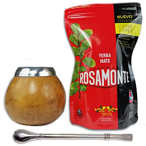 Rosamonte Yerba Mate Tee Set Tradicional Zip 250g | 1x Mate Becher Leopardenfarbe aus Kürbis (Kalebasse), 1x Strohhalm - Bombilla | Detox und Energie Getränk von Yerbee