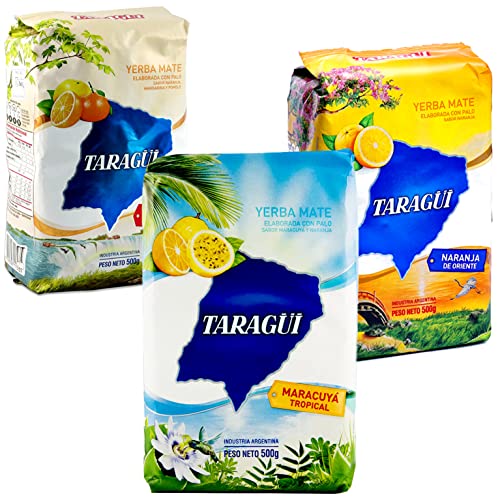Taragui Yerba Mate Set 1.5kg: Citricos del Litoral 500g + Maracuya Tropical 500g + Orange 500g | Mate Tee aus Argentinien | Detox und Energie Getränk von Yerbee