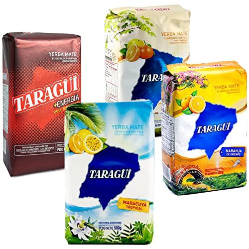 Taragui Yerba Mate Set 2kg: Energy 500g + Citricos del Litoral 500g + Maracuya Tropical 500g + Orange 500g | Mate Tee aus Argentinien | Detox und Energie Getränk von Yerbee