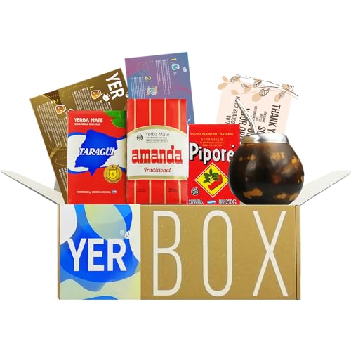 YERBOX Yerba Mate Tee Set: Taragui, Amanda, Pipore Traditional 250g | Mate Becher Kürbis (Leoparden und Tigerfarbe) - Kalebasse | Bombilla Edelstahl von Yerbee