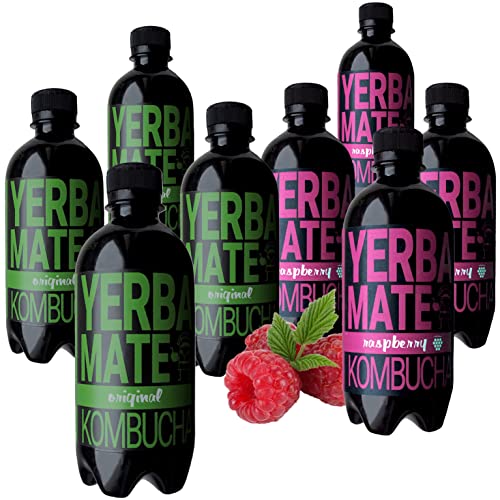 Yerba Mate Kombucha Tee Original 4x400 ml + Himbeere 4x400 ml Set Pilz Drink | 100% Natürliches Fermentiertes Tee Getränk – Probier 8 Flaschen 400 ml | Grüner Tee mit Lebender Kombucha-Kultur von Yerbee