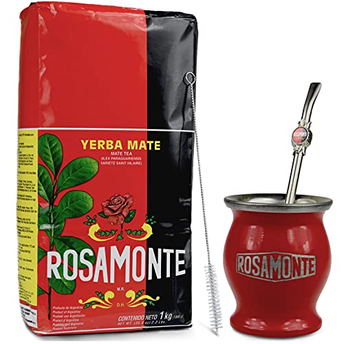 Yerba Mate Tee Rosamonte Traditional 1 kg Edelstahl Mate Tee Set: Rot Kalebasse - Bombilla - Reinigungsbürste von Yerbee