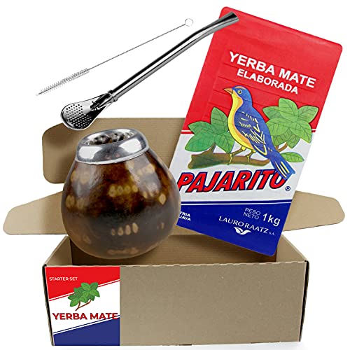 Yerba Mate Tee Set Pajarito Traditional 500g | Mate Becher aus Kürbis (Leopardenfarbe), Handgemacht - Kalebasse | Strohhalm aus Edelstahl - Bombilla | Reinigungsbürste von Yerbee