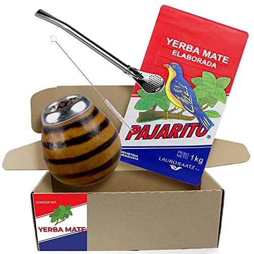 Yerba Mate Tee Set Pajarito Traditional 500g | Mate Becher aus Kürbis (Tigerfarbe), Handgemacht - Kalebasse | Strohhalm aus Edelstahl - Bombilla | Reinigungsbürste von Yerbee