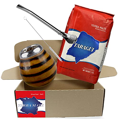 Yerba Mate Tee Set Taragui Con Palo 500g | Mate Becher aus Kürbis (Tigerfarbe), Handgemacht - Kalebasse | Strohhalm aus Edelstahl - Bombilla | Reinigungsbürste von Yerbee