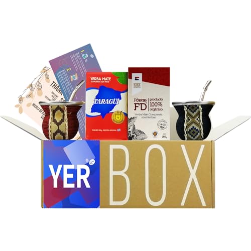 YERBOX Yerba Mate Tee Set: Taragui Traditional 250g + Fede Rico Potente 250g |2x Glaskürbis - Woop-Muster| 2x Bombilla Edelstahl | Reinigungsbürste von Yerbee