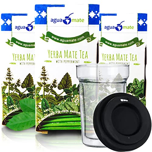 🌿Aguamate Yerba Mate mit Pfefferminze 75 Teebeutel (150g) + Simax Glas Coffee To Go 300ml | 🍵Reich an Vitaminen und Antioxidantien | Belebender und Erfrischender Mate Tee von Yerbox