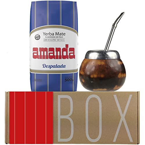 Amanda Geschenkset: Yerba Mate Tee Despalada (500g) + Probe (40g) | Mate Becher Kürbis (Leopardenfarbe) (Kalebasse) | Bombilla |reich an Vitaminen und Antioxidantien | von Yerbox
