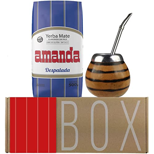 Amanda Geschenkset: Yerba Mate Tee Despalada (500g) + Probe (40g) | Mate Becher Kürbis (Tigerfarbe) (Kalebasse) | Bombilla |reich an Vitaminen und Antioxidantien | von Yerbox