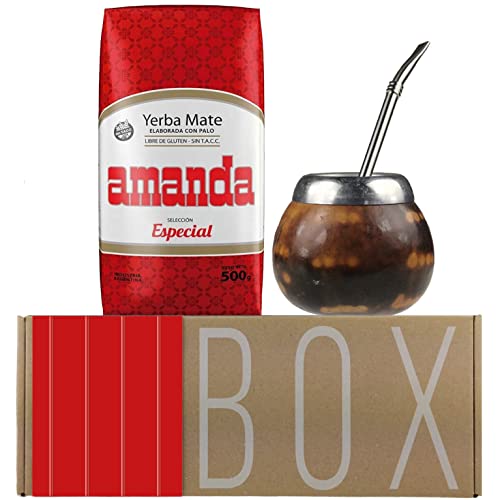 ☘️Amanda Geschenkset: Yerba Mate Tee Seleccion Especial (500g) + Probe (40g) ☘️| Mate Becher Kürbis (Leopardenfarbe) Kalebasse | Bombilla |🍵reich an Vitaminen, Antioxidantien |🇦🇷 von Yerbox