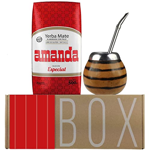 ☘️Amanda Geschenkset: Yerba Mate Tee Seleccion Especial (500g) + Probe (40g) ☘️| Mate Becher Kürbis (Tigerfarbe) (Kalebasse) | Bombilla |🍵reich an Vitaminen und Antioxidantien |🇦🇷 von Yerbox