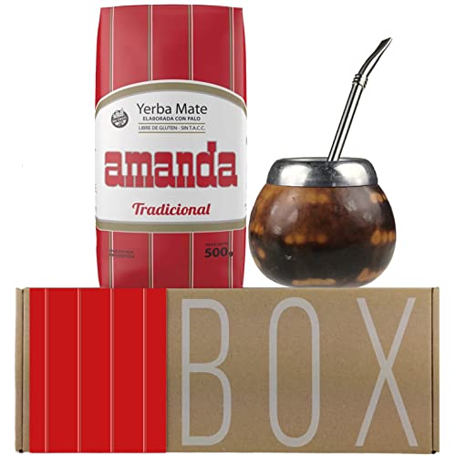 Amanda Geschenkset: Yerba Mate Tee Tradicional (500g) + Probe (40g) | Mate Becher Kürbis (Leopardenfarbe) (Kalebasse) | Bombilla |reich an Vitaminen und Antioxidantien | von Yerbox