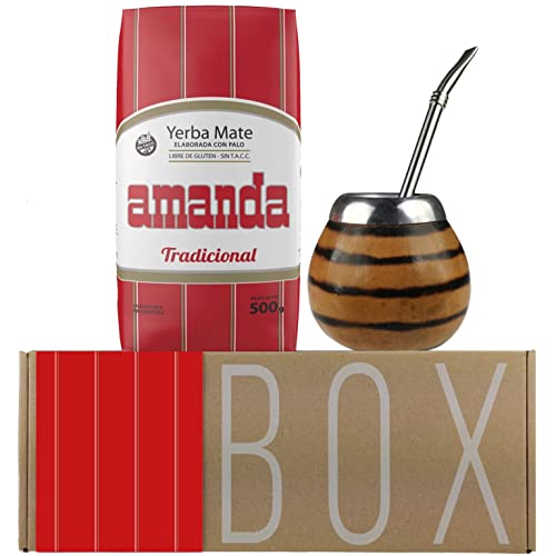Amanda Geschenkset: Yerba Mate Tee Tradicional (500g) + Probe (40g) | Mate Becher Kürbis (Tigerfarbe) (Kalebasse) | Bombilla |reich an Vitaminen und Antioxidantien | von Yerbox