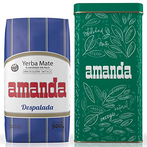 Amanda Set: Yerba Mate Tee Despalada 500g + Geschenk Probe (40g) mit Amanda Dose aus robustem Stahlblech (Grün) | reich an Vitaminen, Antioxidantien Tee mit Koffein | von Yerbox