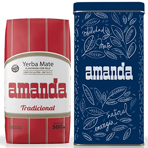 Amanda Set: Yerba Mate Tee Tradicional 500g + Geschenk Probe (40g) Amanda Dose aus robustem Stahlblech (Türkis) | reich an Vitaminen, Antioxidantien Tee mit Koffein | von Yerbox