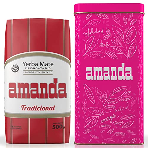 Amanda Set: Yerba Mate Tee Tradicional 500g + Geschenk Probe (40g) mit Amanda Dose aus robustem Stahlblech (Rosarot) | reich an Vitaminen, Antioxidantien Tee mit Koffein | von Yerbox