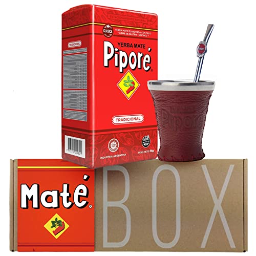 🌿 Pipore Yerba Mate Tee Tradicional 1kg + Probe (40g) + Kalebasse (Mate Becher) Glas/Leder (Rot), Edelstahl Bombilla Coco, Bürste:🧉Reich an Antioxidantien, Vitaminen | Argentinien 🇦🇷 von Yerbox
