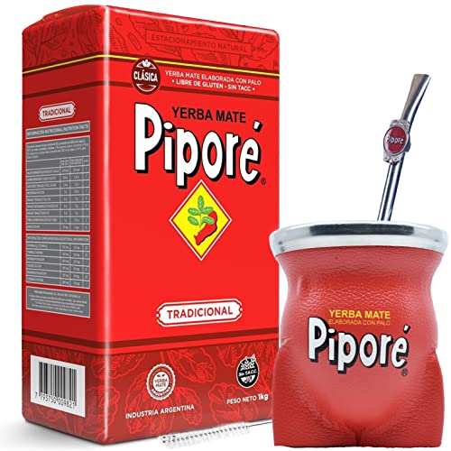 🌿 Pipore Yerba Mate Tee Tradicional 1kg + Probe (40g) + Kalebasse (Mate Becher) Kürbisleder (Torpedo Rot), Edelstahl Bombilla Coco, Bürste:🧉Reich an Antioxidantien, Vitaminen | 🇦🇷 von Yerbox