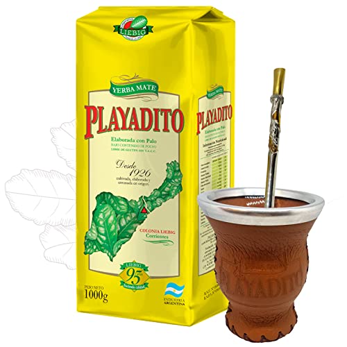 Playadito Yerba Mate Tee Traditional 1kg + Kalebasse (Mate Becher) Glas mit Leder überzogen (Braun) + Bombilla Alpaca + Probe (40g):Mit Antioxidantien, Vitaminen | Argentinien von Yerbox