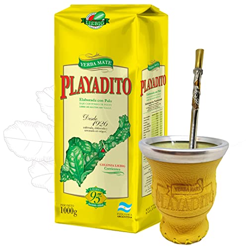 Playadito Yerba Mate Tee Traditional 1kg + Kalebasse (Mate Becher) Glas mit Leder überzogen (Gelb) + Bombilla Alpaca + Probe (40g):Mit Antioxidantien, Vitaminen | Argentinien von Yerbox