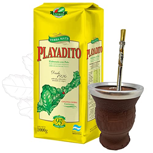 Playadito Yerba Mate Traditional 1kg + Kalebasse (Mate Becher) Glas mit Leder überzogen (Dunkelbraun) + Bombilla Alpaca + Probe (40g):Mit Antioxidantien, Vitaminen | Argentinien von Yerbox