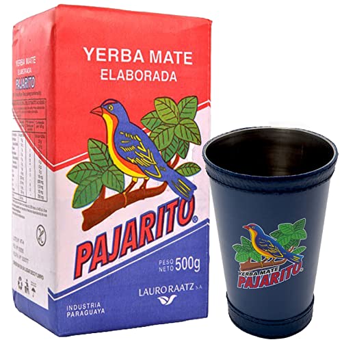 Yerba Mate Pajarito Traditional 500g + Pajarito Mate Becher Premium Kalebasse mit Logo, Lederbezug Blau von Yerbox