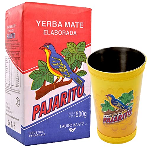 Yerba Mate Pajarito Traditional 500g + Pajarito Mate Becher Premium Kalebasse mit Logo, Lederbezug Gelb🧉| Tasse für Yerba Mate, Matcha, losen Tee | Mate Tee Set von Yerbox
