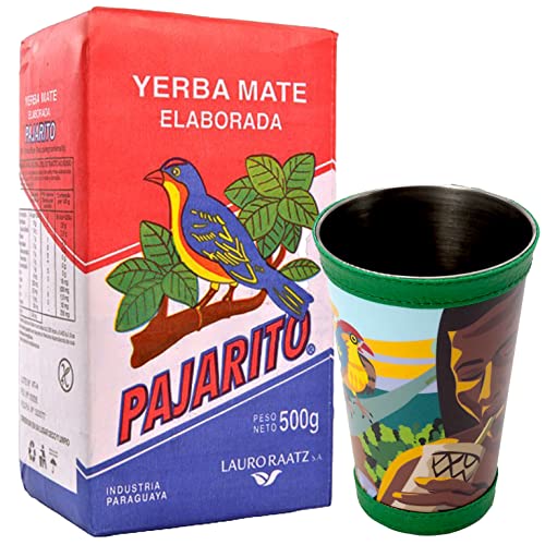 Yerba Mate Pajarito Traditional 500g + Pajarito Mate Becher Premium Kalebasse mit Logo, Lederbezug Grün🧉| Tasse für Yerba Mate, Matcha, losen Tee | Mate Tee Set von Yerbox