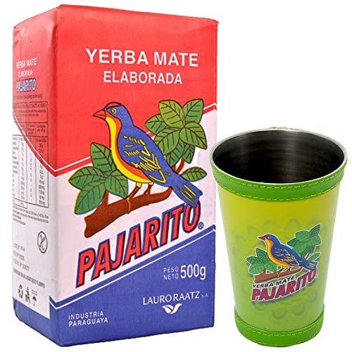 Yerba Mate Pajarito Traditional 500g + Pajarito Mate Becher Premium Kalebasse mit Logo, Lederbezug Hellgrün🧉| Tasse für Yerba Mate, Matcha, losen Tee | Mate Tee Set von Yerbox