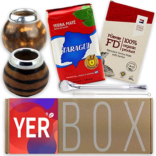Yerba Mate Set Yerbox: Fede Rico Potente mit Kräutern 250g + Taragui Traditional 250g | Mate Becher Kürbis (Leoparden und Tigerfarbe) - 2x Kalebasse | 2x Edelstahl Bombilla | Reinigungsbürste von Yerbox