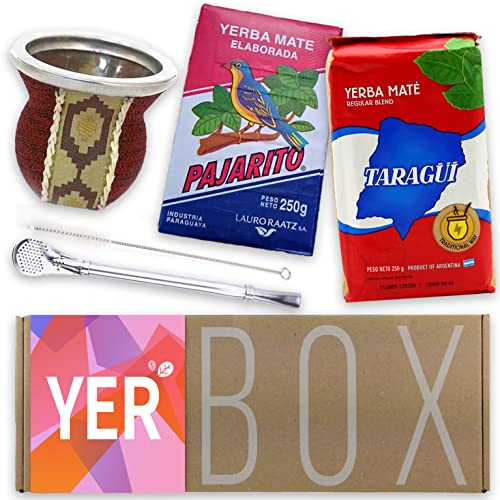 Yerba Mate Set Yerbox: Pajarito Traditional 250g und Taragui Traditional 250g | Glas Mate Becher mit Leder Überzogen (Kalebasse) | Bombilla aus Edelstahl | Reinigungsbürste von Yerbox