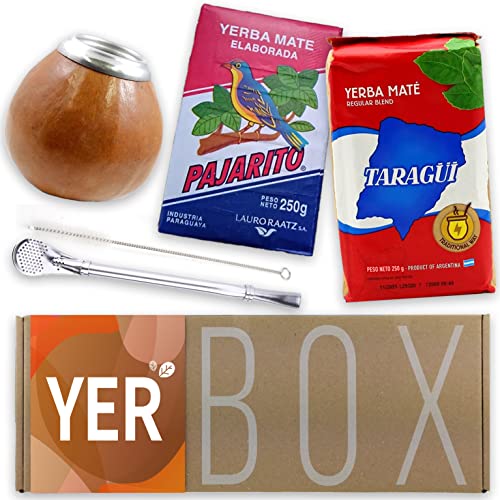 Yerba Mate Set Yerbox: Pajarito Traditional 250g und Taragui Traditional 250g | Mate Becher (Kalebasse) aus Kürbis | Edelstahl Bombilla | Reinigungsbürste von Yerbox