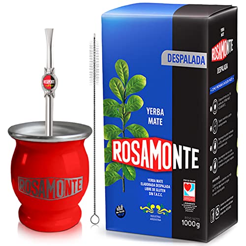 Yerba Mate Tee Set: Rosamonte Despalada 1kg + Geschenk Probe (40g) | Edelstahl Mate Becher Rot (Kalebasse) und Strohhalm (Bombilla) |Reich an Antioxidantien und Vitaminen | von Yerbox