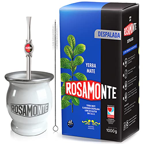Yerba Mate Tee Set: Rosamonte Despalada 1kg + Geschenk Probe (40g) | Edelstahl Mate Becher Weiß (Kalebasse) und Strohhalm (Bombilla) |Reich an Antioxidantien und Vitaminen | von Yerbox