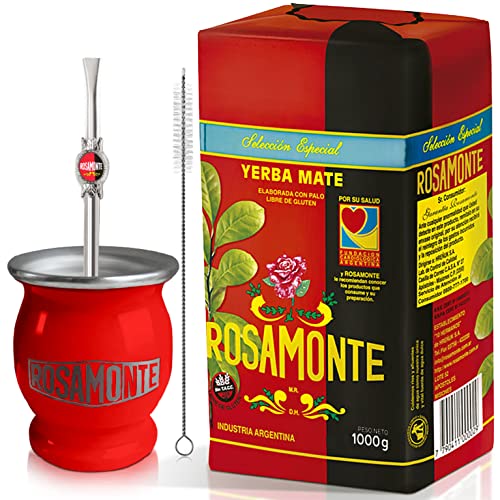 Yerba Mate Tee Set: Rosamonte Seleccion Especial 1kg + Geschenk Probe (40g) | Edelstahl Mate Becher Rot (Kalebasse), Strohhalm (Bombilla) |Reich an Antioxidantien und Vitaminen | von Yerbox
