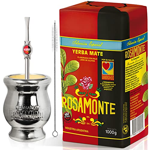 Yerba Mate Tee Set: Rosamonte Seleccion Especial 1kg + Geschenk Probe (40g) | Holz Mate Becher Aluminium (Kalebasse), Strohhalm (Bombilla) |Reich an Antioxidantien und Vitaminen | von Yerbox