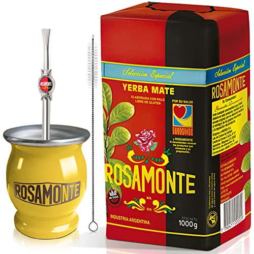 Yerba Mate Tee Set: Rosamonte Seleccion Especial 1kg + Geschenk Probe (40g) | Edelstahl Mate Becher Gelb (Kalebasse), Strohhalm (Bombilla) |Reich an Antioxidantien und Vitaminen | von Yerbox