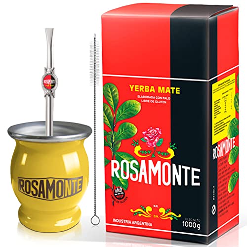 Yerba Mate Tee Set: Rosamonte Tradicional 1kg + Geschenk Probe (40g) | Edelstahl Mate Becher Gelb (Kalebasse) und Strohhalm (Bombilla) |Reich an Antioxidantien und Vitaminen | von Yerbox