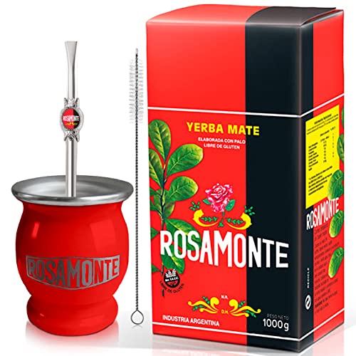 🌿 Yerba Mate Tee Set: Rosamonte Tradicional 1kg + Geschenk Probe (40g) | Edelstahl Mate Becher Rot (Kalebasse) und Strohhalm (Bombilla) |🧉Reich an Antioxidantien und Vitaminen | 🇦🇷 von Yerbox