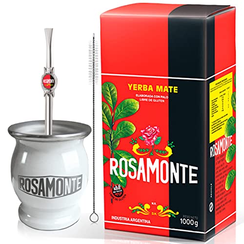 Yerba Mate Tee Set: Rosamonte Tradicional 1kg + Geschenk Probe (40g) | Edelstahl Mate Becher Weiß (Kalebasse) und Strohhalm (Bombilla) |Reich an Antioxidantien und Vitaminen | von Yerbox