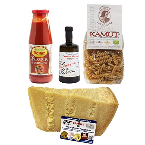 Italian Dinner Box - 250g Fusilli Kamut Morelli + 1 kg Parmigiano Reggiano Bonat 16 Monate + Tomato Sauce Bonat 690 g + Olivenöl extra vergine Vanini 250 ml von YesEatIs